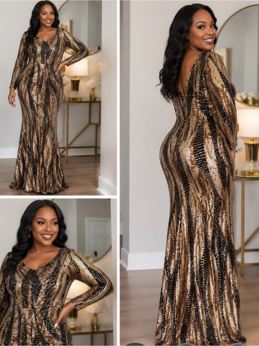 Elegant Gold & Black Sequin Mermaid Evening Gown-Size L-Boutique Formal Dress